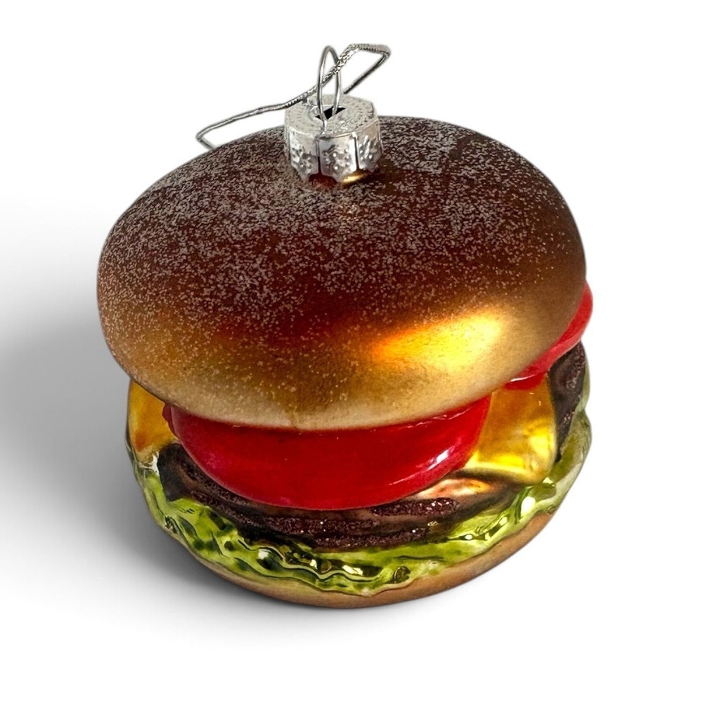 Glass Cheeseburger Christmas Ornament Hand Painted Glitter Foodie Holiday Decor - Picture 5 of 7